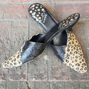 Chicos leather/suede leopard kitten heel slides